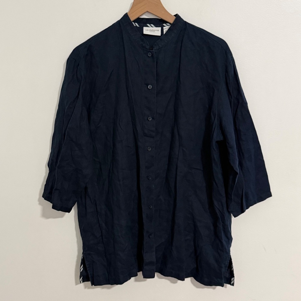 Liz Claiborne 100% Linen Blouse Womens Large Navy Blue Mandarin Collar Coastal